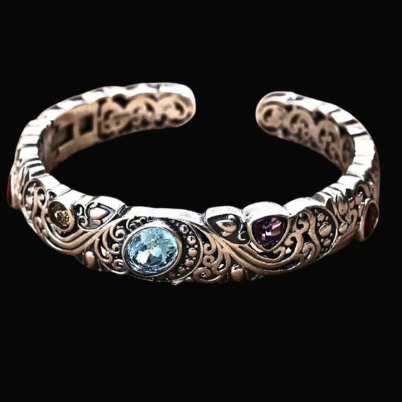 Vintage Sterling Silver Bangle, Multicolor Gemstone Engraved Cuff, Elegant - Picture 11 of 12